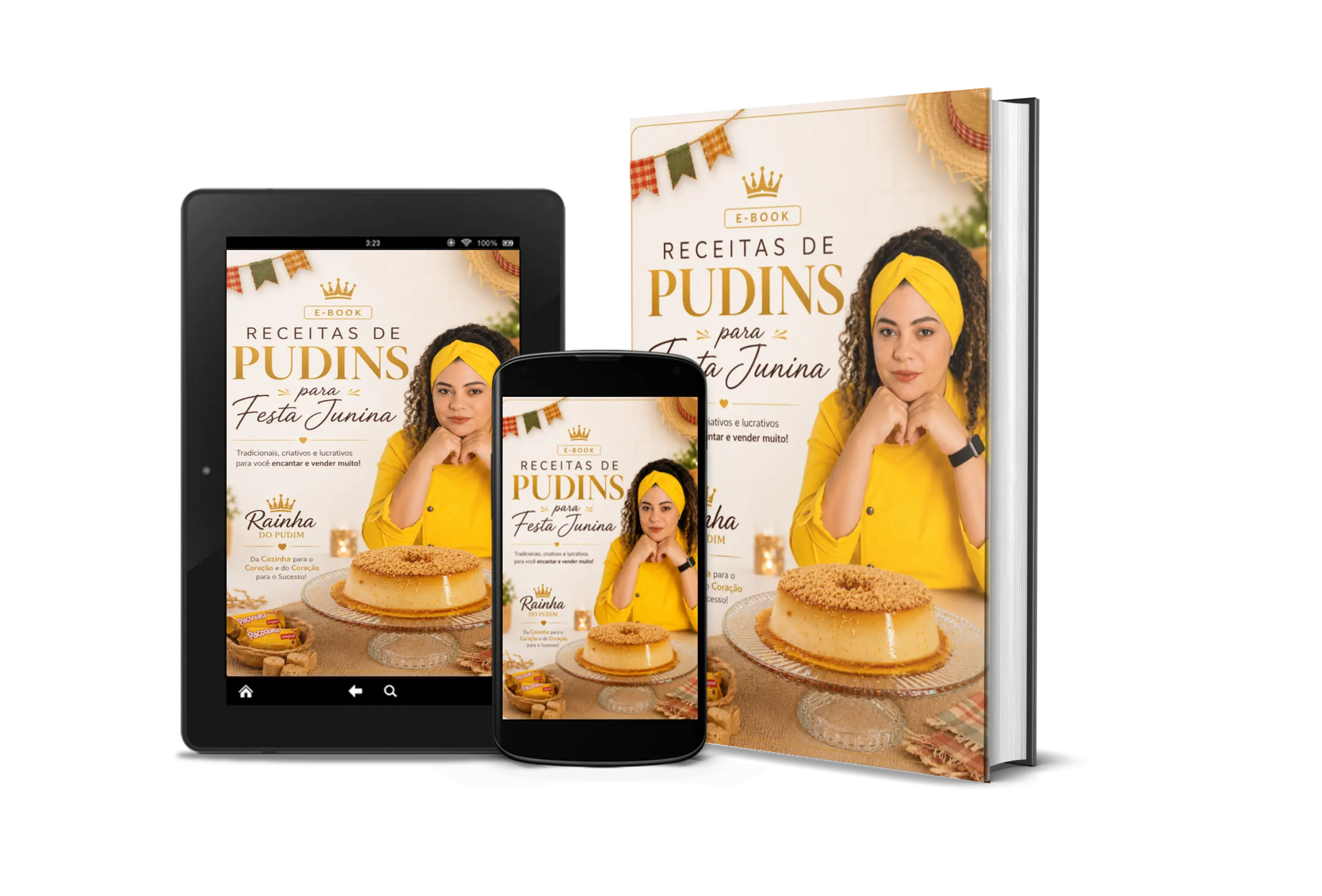 Ebook Arraiá da Rainha do Pudim — visualização em tablet, celular e capa impressa